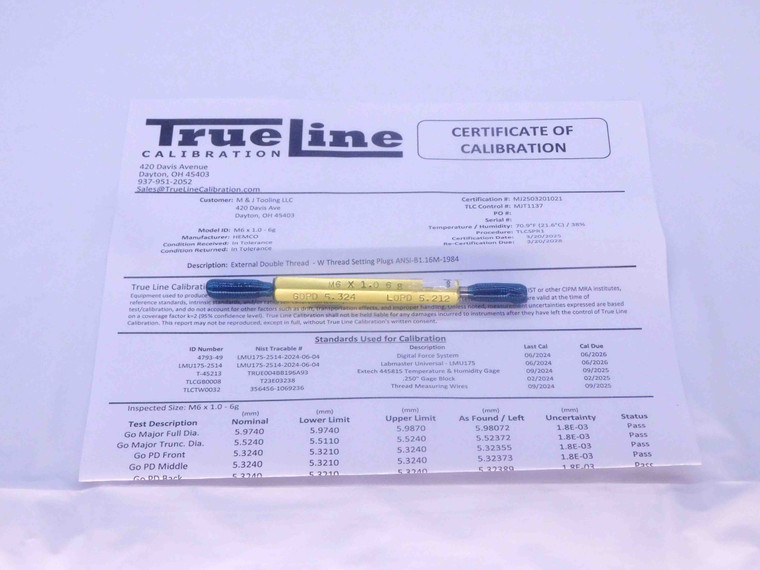CERTIFIED M6 X 1 6g SET THREAD PLUG GAGE 6 1.0 GO NO GO P.D.'S = 5.324 & 5.212 - DW28340TLC