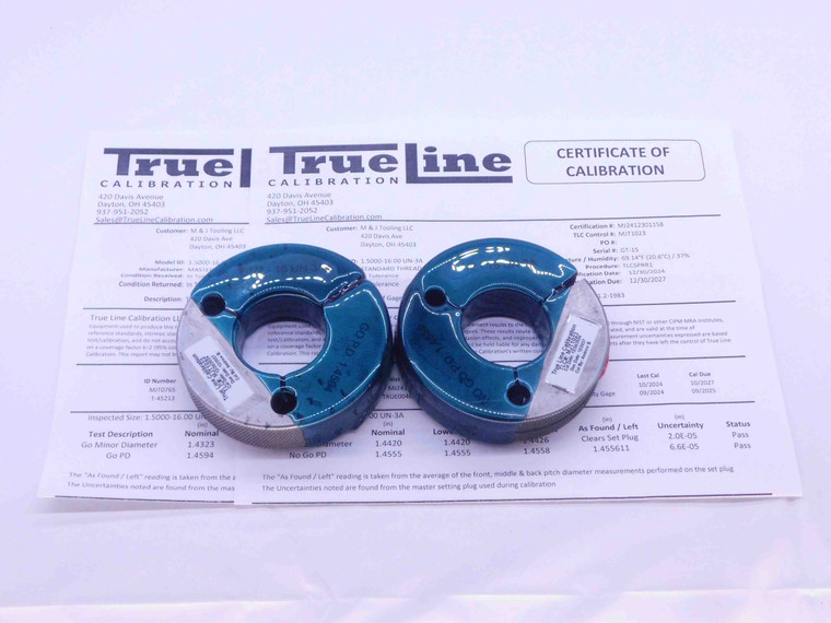 CERTIFIED 1 1/2 16 UN 3A THREAD RING GAGES 1.5 GO NO GO PD'S = 1.4594 & 1.4555 - DW28356TLC