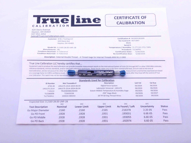 CERTIFIED 12 28 UNF 2B THREAD PLUG GAGE #12 .216 GO NO GO PD'S = .1928 & .1970 - DW28446TLC