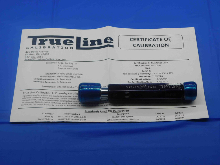 CERTIFIED 3/4 20 UNEF 3B THREAD PLUG GAGE .75 GO NO GO P.D.'S = .7175 & .7218 - DW28443TLC