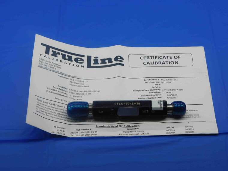 CERTIFIED 9/16 8 UNS 2B SPECIAL THREAD PLUG GAGE .5625 GO NO GO = .5072 & .5128 - DW28444TLC