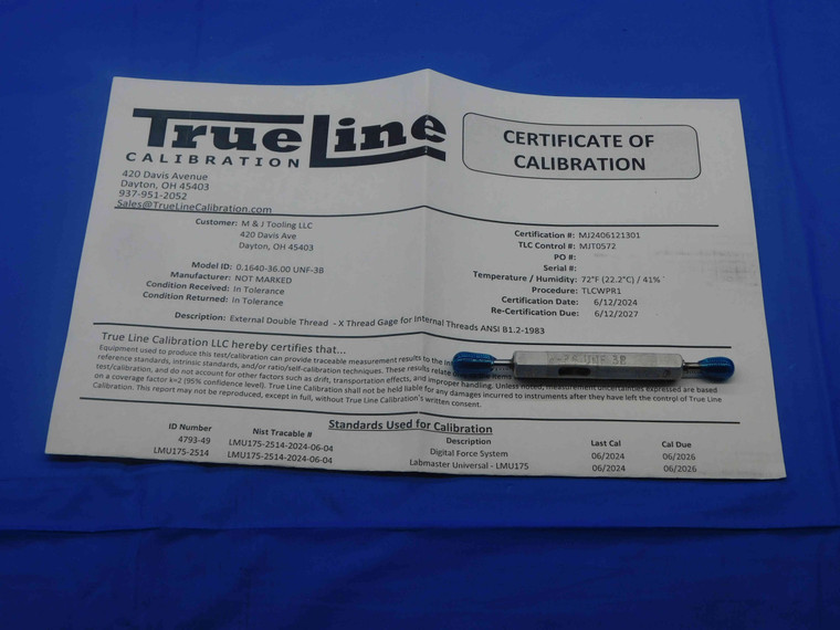 CERTIFIED 8 36 UNF 3B THREAD PLUG GAGE #8 .164 GO NO GO P.D.'S = .1460 & .1487 - DW28449TLC