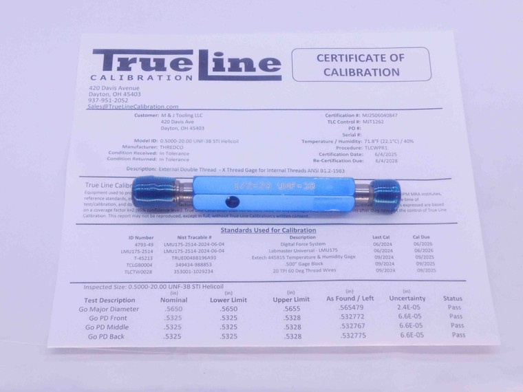 CERTIFIED 1/2 20 UNF 3B STI HELICOIL THREAD PLUG GAGE .5 GO NO GO = .5325 .5357 - DW28451TLC