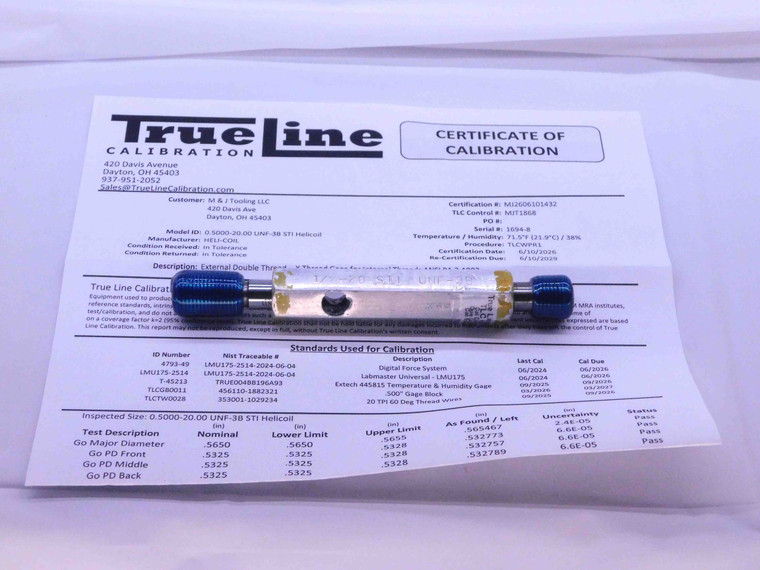 CERTIFIED 1/2 20 UNF 3B STI HELICOIL THREAD PLUG GAGE .5 GO NO GO = .5325 .5357 - DW28451TLC
