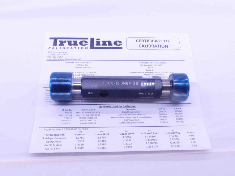 CERTIFIED 1 3/8 18 UNEF 2B THREAD PLUG GAGE 1.375 GO NO GO PDS= 1.3389 & 1.3452 - DW28491TLC