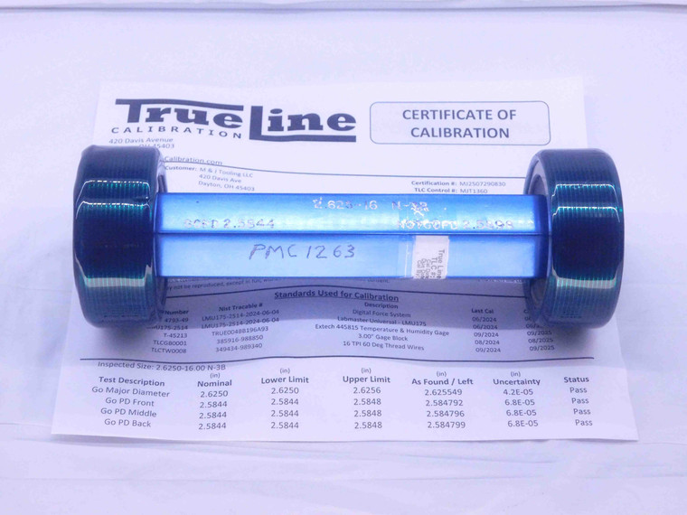 CERTIFIED 2 5/8 16 N 3B THREAD PLUG GAGE 2.625 GO NO GO = 2.5844 & 2.5898 UN - DW28484TLC