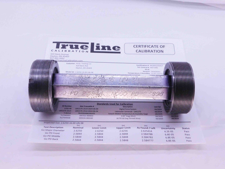 CERTIFIED 2 5/8 16 UN 3B THREAD PLUG GAGE 2.625 GO NO GO PD'S = 2.5844 & 2.5898 - DW28484TLC