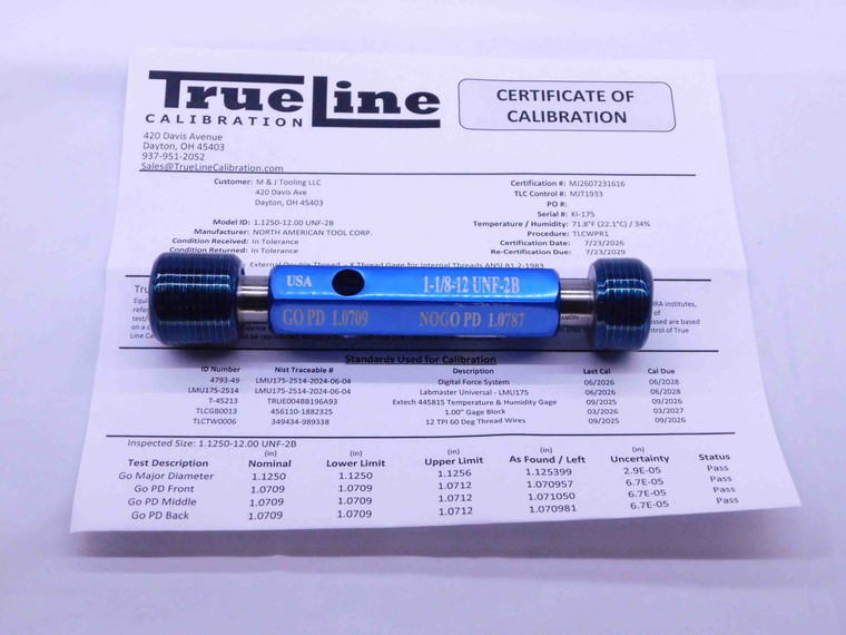 CERTIFIED 1 1/8 12 UNF 2B THREAD PLUG GAGE 1.125 GO NO GO PDS= 1.0709 & 1.0787 - DW28486TLC