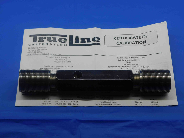 CERTIFIED 1 1/4 16 UN 3A SET THREAD PLUG GAGE 1.25 GO NO GO = 1.2094 & 1.2056 - DW28654TLC