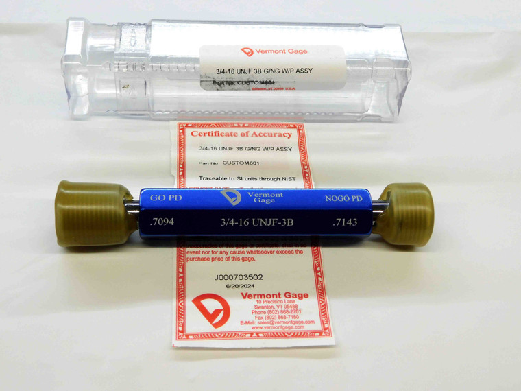 NEW 3/4 16 UNJF 3B VERMONT THREAD PLUG GAGE .75 GO NO GO P.D.'S = .7094 & .7143 - JC4352VTG