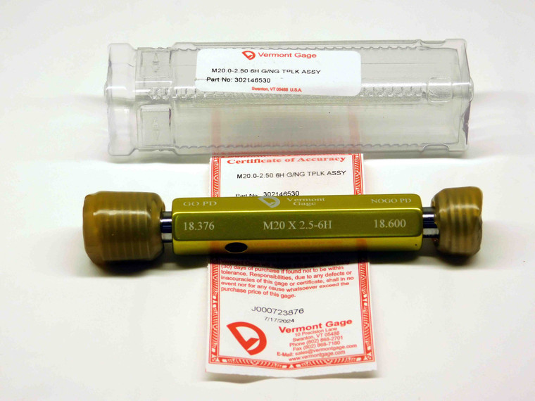 NEW M20 X 2.5 6H VERMONT THREAD PLUG GAGE 20 GO NO GO P.D.'S = 18.376 & 18.600 - DW29239VTG