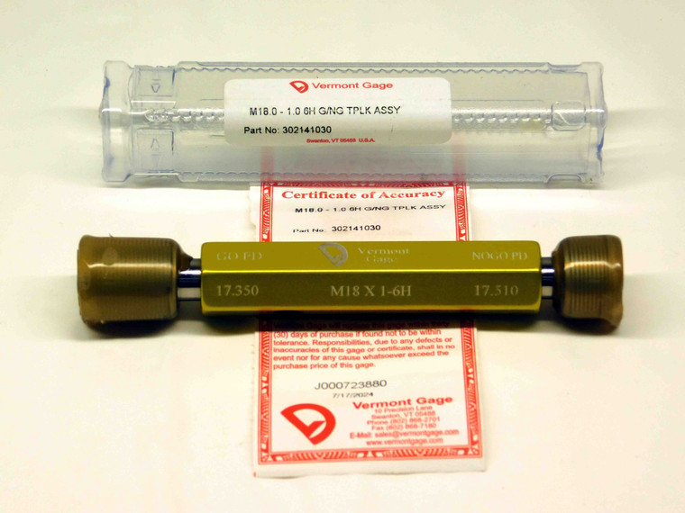 NEW M18 X 1 6H VERMONT THREAD PLUG GAGE 18 1.0 GO NO GO P.D.'S = 17.350 & 17.510 - DW29246VTG