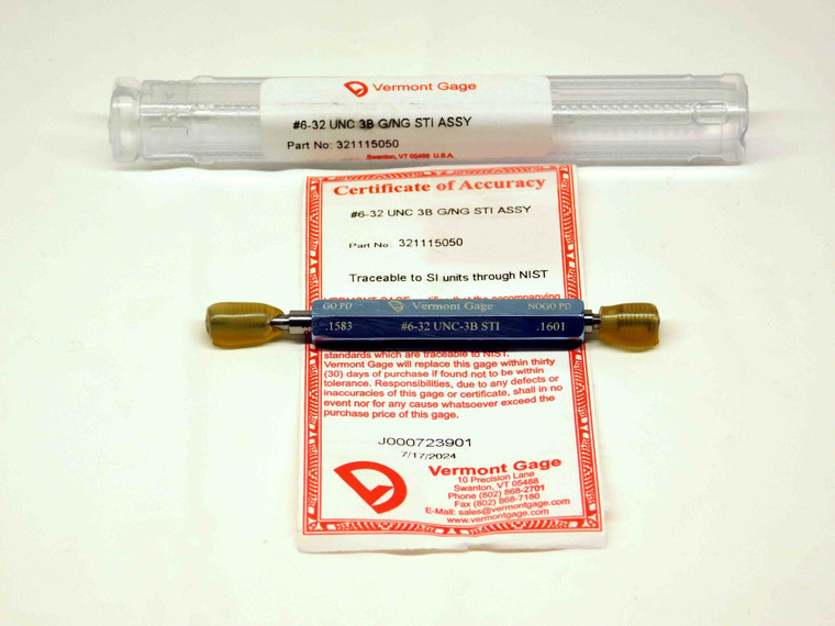 NEW 6 32 UNC 3B STI VERMONT THREAD PLUG GAGE #6 .138 GO NO GO PDS= .1583 & .1601 - DW29248VTG
