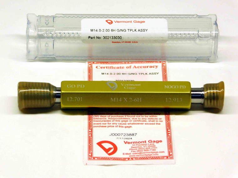 NEW M14 X 2 6H VERMONT THREAD PLUG GAGE 14 2.0 GO NO GO P.D.'S = 12.701 & 12.913 - DW29250VTG
