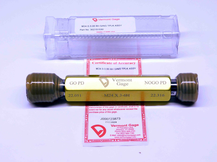 NEW M24 X 3 6H VERMONT THREAD PLUG GAGE 24 3.0 GO NO GO P.D.'S = 22.051 & 22.316 - DW29259VTG