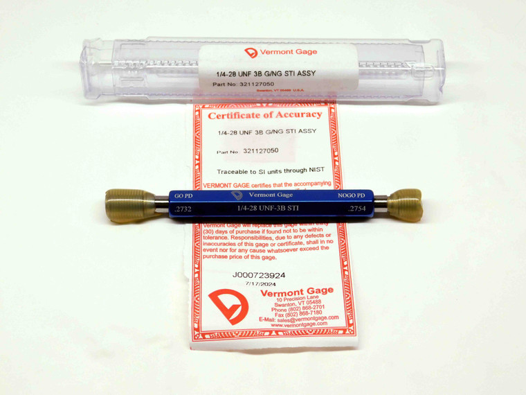 NEW 1/4 28 UNF 3B STI VERMONT THREAD PLUG GAGE .25 GO NO GO PD'S = .2732 & .2754 - DW29265VTG