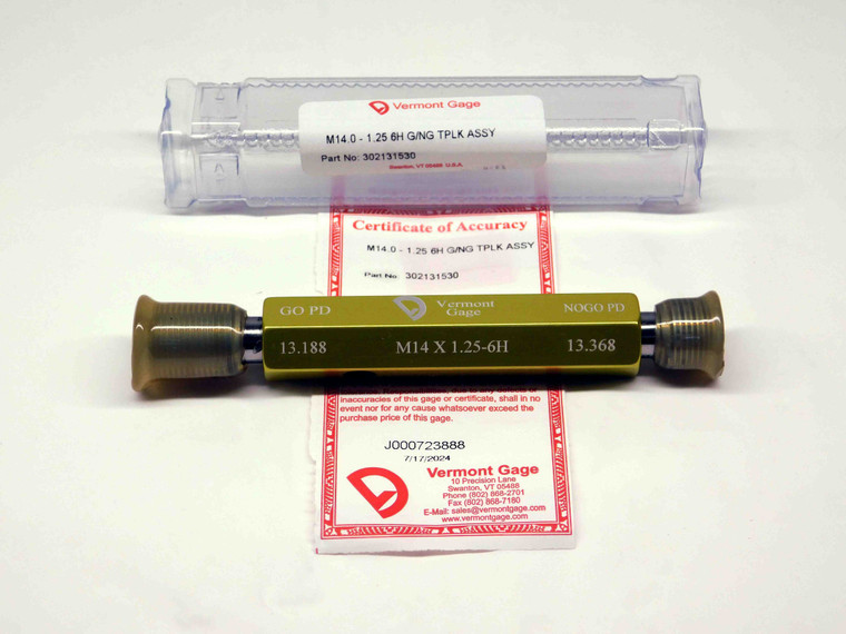 NEW M14 X 1.25 6H VERMONT THREAD PLUG GAGE 14 GO NO GO P.D.'S = 13.188 & 13.368 - DW29269VTG