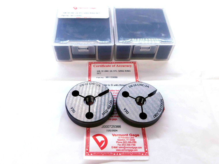 NEW 3/8 16 UNC 2A VERMONT THREAD RING GAGES .375 GO NO GO P.D.'S = .3331 & .3287 - JC4452VTG