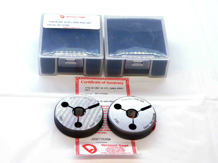 NEW 7/16 20 UNF 2A VERMONT THREAD RING GAGES .4375 GO NO GO PD'S = .4037 & .3995 - JC4455VTG
