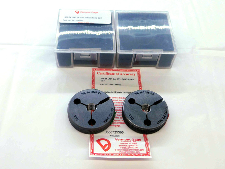 NEW 3/8 24 UNF 2A VERMONT THREAD RING GAGES .375 GO NO GO P.D.'S = .3468 & .3430 - JC4457VTG