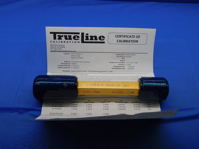CERTIFIED 1 5/8 8 UN 2A LEFT HAND SET THREAD PLUG GAGE 1.625 PDS = 1.5416 1.5342 - DW29382TLC