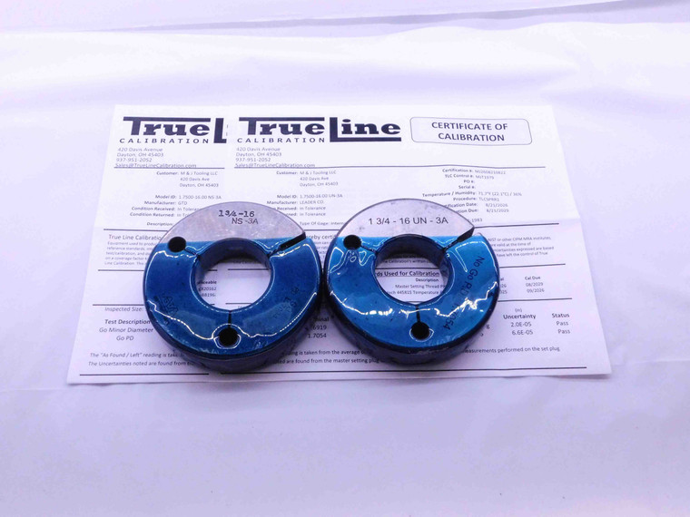 CERTIFIED 1 3/4 16 UN 3A THREAD RING GAGES 1.75 GO NO GO PD'S = 1.7094 & 1.7054 - DW29580TLC