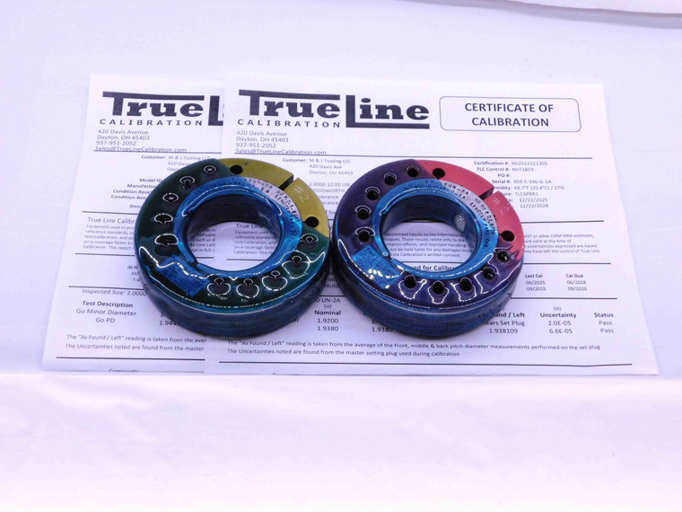 CERTIFIED 2" 12 UN 2A THREAD RING GAGES 2.0 GO NO GO P.D.'S = 1.9441 & 1.9380 - DW29597TLC