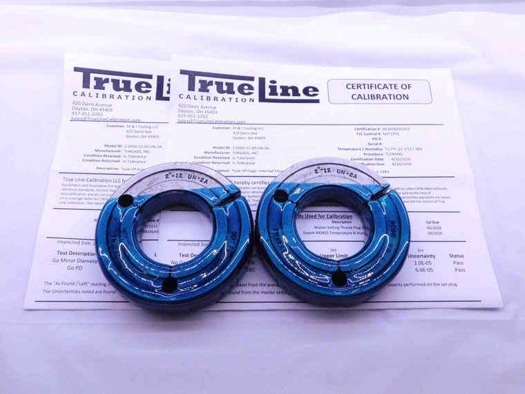 CERTIFIED 2" 12 UN 2A THREAD RING GAGES 2.0 GO NO GO P.D.'S = 1.9441 & 1.9380 - DW29597TLC
