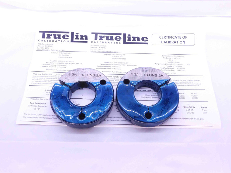 CERTIFIED 1 3/4 18 UNS 2A THREAD RING GAGES 1.75 GO NO GO PDS= 1.7124 & 1.7073 - DW29855TLC
