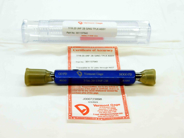 NEW 7/16 20 UNF 2B VERMONT THREAD PLUG GAGE .4375 GO NO GO PD'S = .4050 & .4104 - DW30275VTG