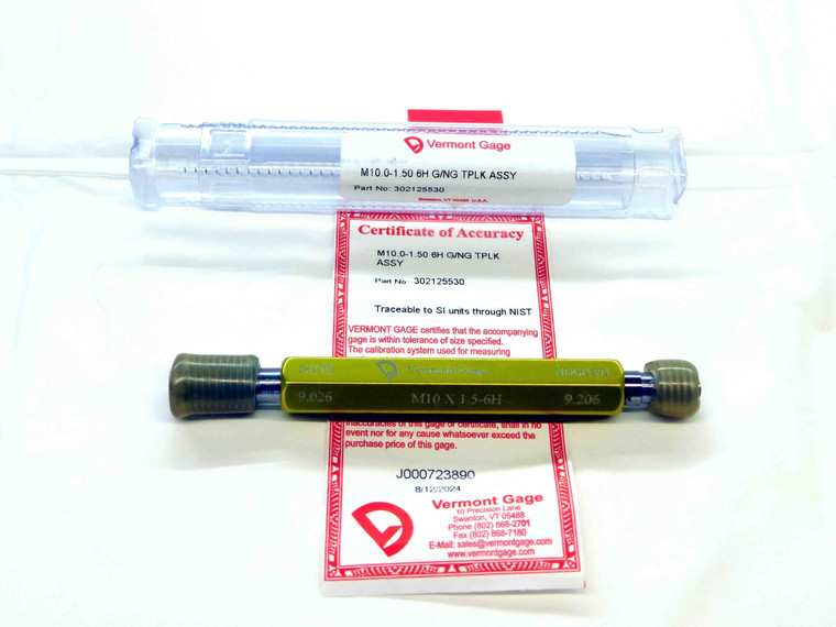 NEW M10 X 1.5 6H VERMONT THREAD PLUG GAGE 10 GO NO GO P.D.'S = 9.026 & 9.206 - DW30280VTG