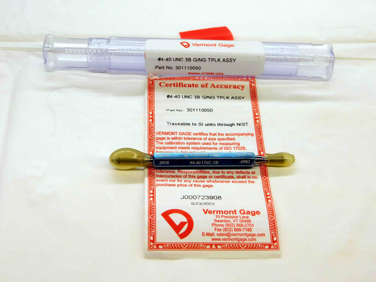NEW 4 40 UNC 3B VERMONT THREAD PLUG GAGE #4 .112 GO NO GO P.D.'S = .0958 & .0982 - DW30283VTG