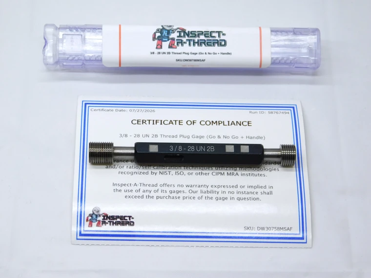 NEW 3/8 28 UN 2B THREAD PLUG GAGE .375 .3750 GO NO GO P.D.'S = .3518 & .3564 - DW30758MSAF