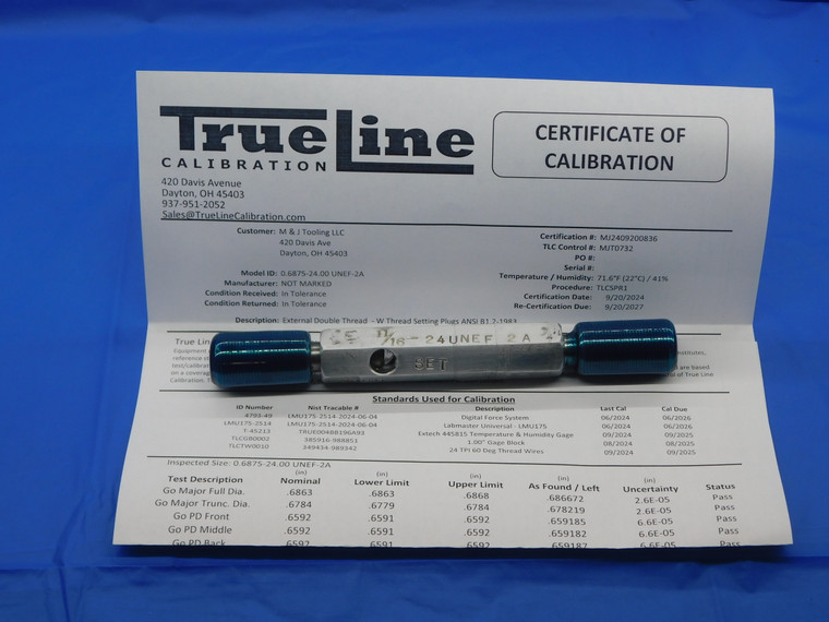 CERTIFIED 11/16 24 UNEF 2A SET THREAD PLUG GAGE .6875 GO NO GO = .6592 & .6552 - DW30835TLC