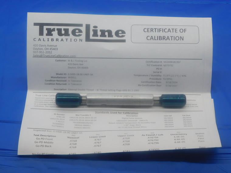 CERTIFIED 1/2 28 UNEF 3A SET THREAD PLUG GAGE .5 GO NO GO PD'S = .4768 & .4740 - DW30864TLC