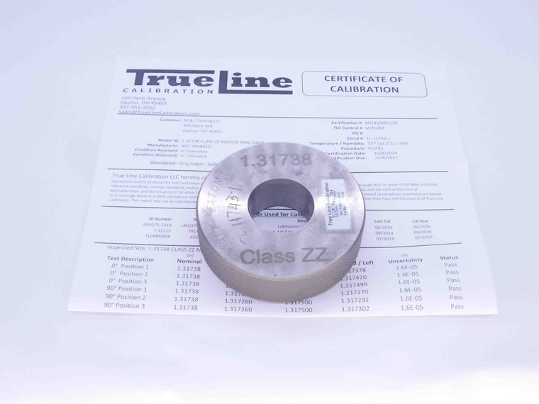 1.31738 CL ZZ MASTER PLAIN BORE RING GAGE 1.3125 +.0049 1 5/16 33.461 CERTIFIED - DW31057LVR