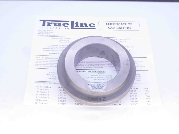 2.8338 CL Z MASTER PLAIN BORE RING GAGE 2.8438 -.0100 2 27/32 72 mm CERTIFIED - DW31061LVR