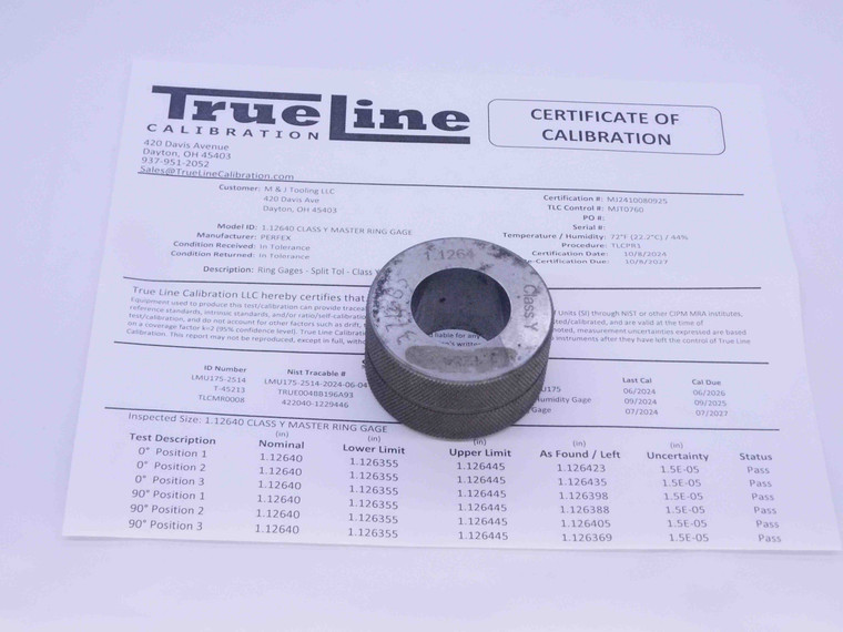 1.1264 CL Y MASTER PLAIN BORE RING GAGE 1.1250 +.0014 1 1/8 28.611 mm CERTIFIED - DW31062LVR