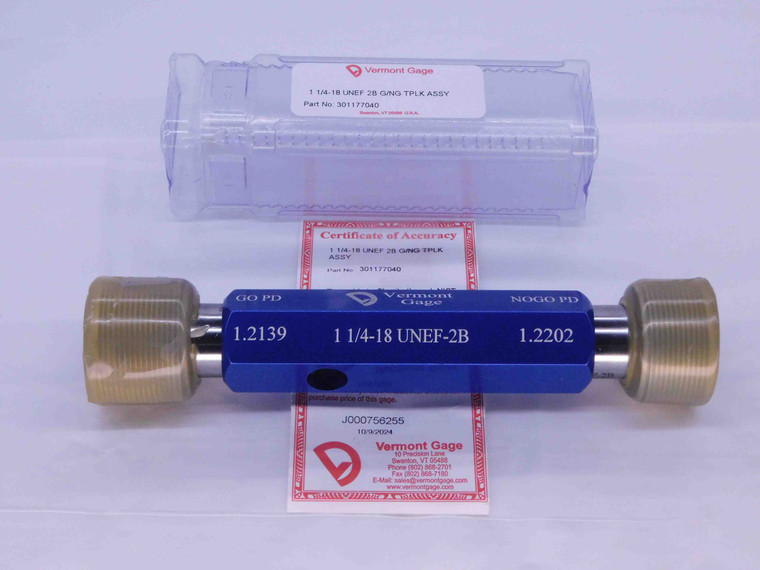 NEW 1 1/4 18 UNEF 2B VERMONT THREAD PLUG GAGE 1.25 GO NO GO PDS= 1.2139 & 1.2202 - DW31176VTG