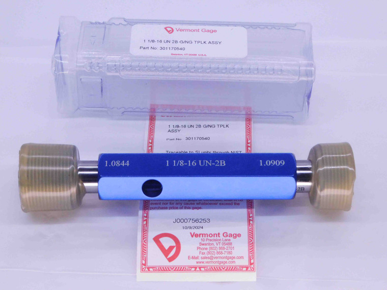 NEW 1 1/8 16 UN 2B VERMONT THREAD PLUG GAGE 1.125 GO NO GO PDS= 1.0844 & 1.0909 - DW31181VTG