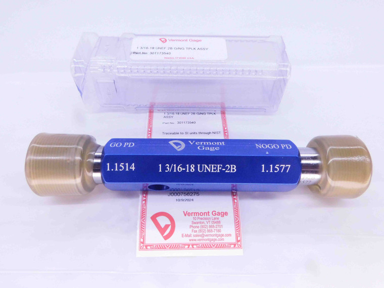 NEW 1 3/16 18 UNEF 2B VERMONT THREAD PLUG GAGE 1.1875 GO NO GO = 1.1514 & 1.1577 - DW31182VTG