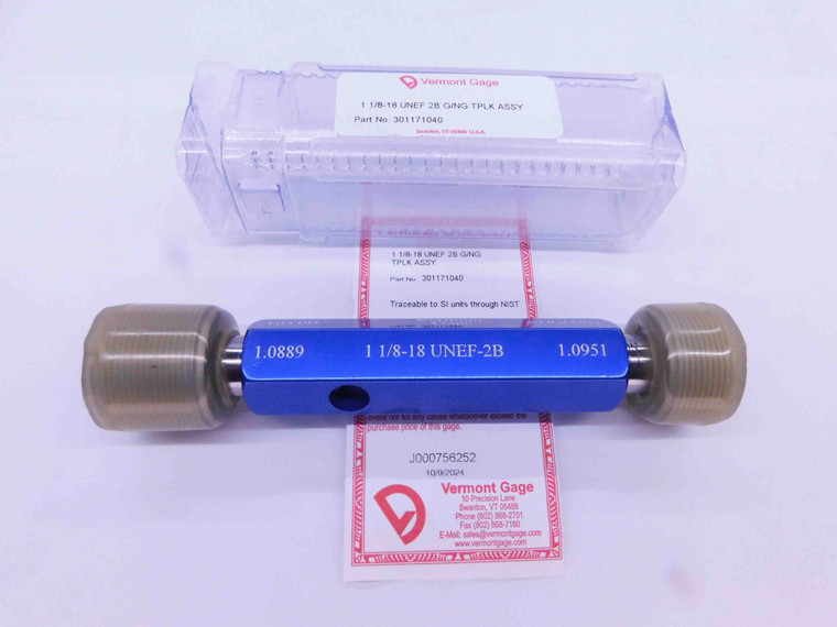 NEW 1 1/8 18 UNEF 2B VERMONT THREAD PLUG GAGE 1.125 GO NO GO = 1.0889 & 1.0951 - DW31183VTG