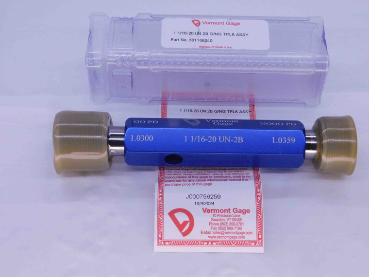 NEW 1 1/16 20 UN 2B VERMONT THREAD PLUG GAGE 1.0625 GO NO GO = 1.0300 & 1.0359 - DW31187VTG