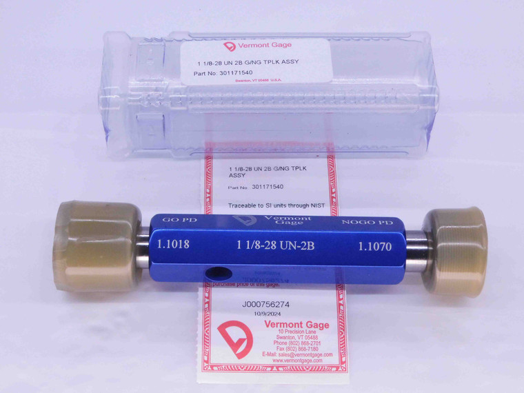 NEW 1 1/8 28 UN 2B VERMONT THREAD PLUG GAGE 1.125 GO NO GO PDS= 1.1018 & 1.1070 - DW31192VTG