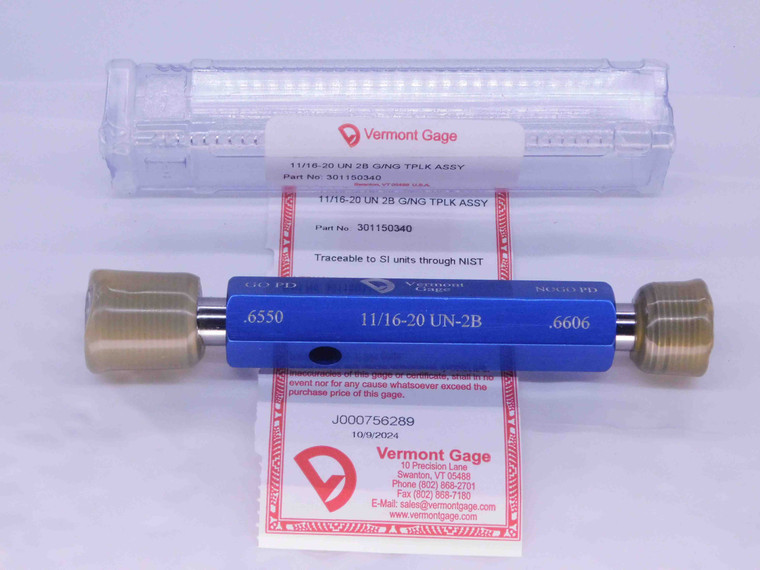 NEW 11/16 20 UN 2B VERMONT THREAD PLUG GAGE .6875 GO NO GO PD'S = .6550 & .6606 - DW31197VTG