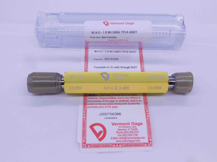 NEW M14 X 1 6H VERMONT THREAD PLUG GAGE 14 1.0 GO NO GO P.D.'S = 13.350 & 13.510 - DW31198VTG