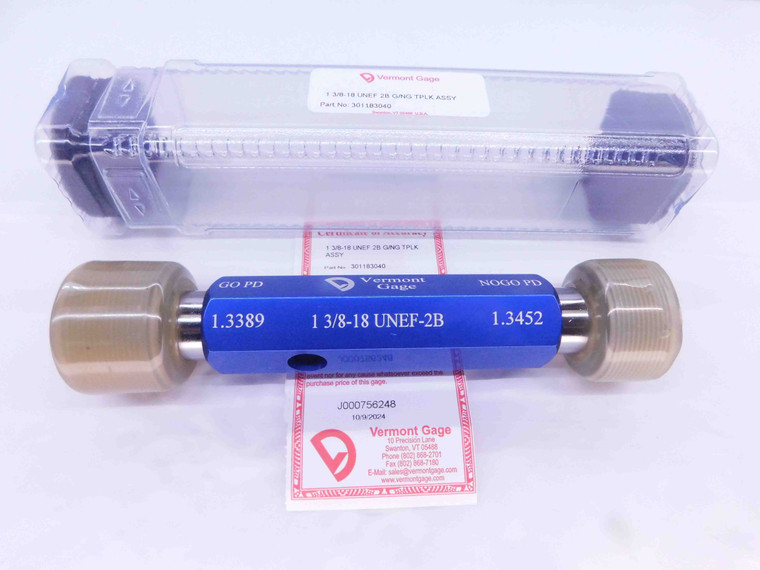 NEW 1 3/8 18 UNEF 2B VERMONT THREAD PLUG GAGE 1.375 GO NO GO = 1.3389 & 1.3452 - DW31203VTG