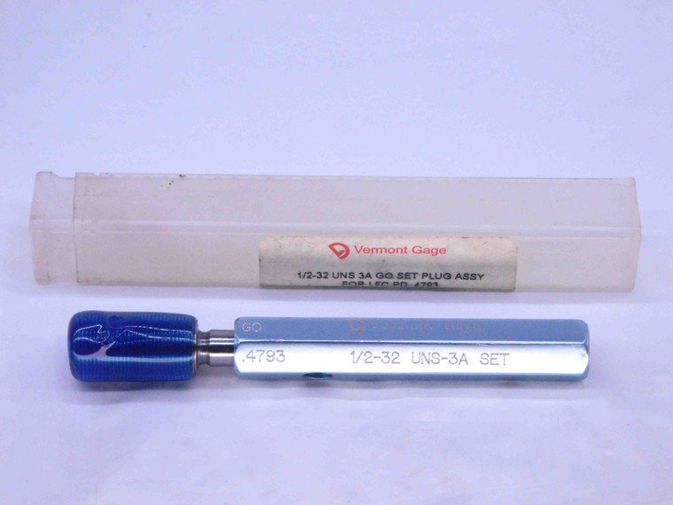 1/2 32 UNS 3A VERMONT SET THREAD PLUG GAGE .5 .50 GO ONLY P.D. = .4793 SPECIAL - DW31471BY4