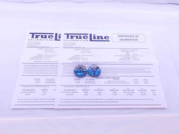 CERTIFIED 6 32 UNC 3A THREAD RING GAGES #6 .138 GO NO GO P.D.'S = .1177 & .1156 - DW31525TLC