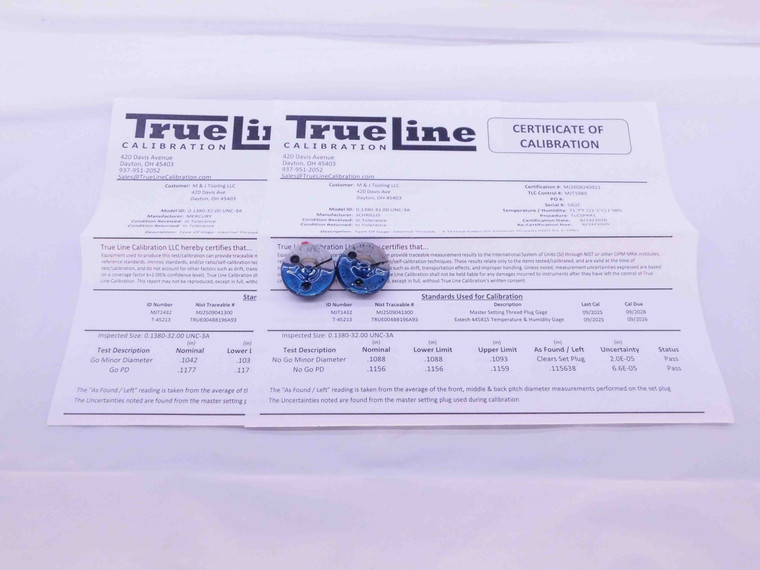 CERTIFIED 6 32 UNC 3A THREAD RING GAGES #6 .138 GO NO GO P.D.'S = .1177 & .1156 - DW31525TLC